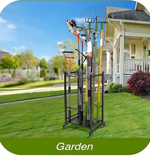 Vertical garden tool organizer in garage,storage shed