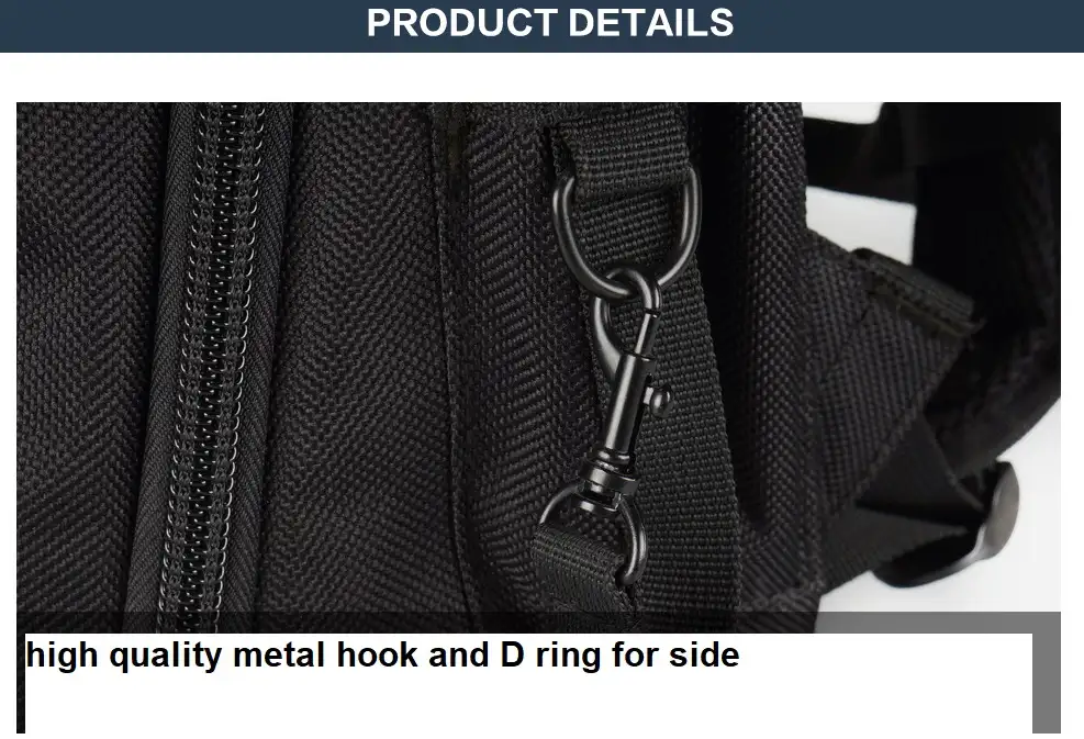 metal D ring and metal hook for side of tool backpack