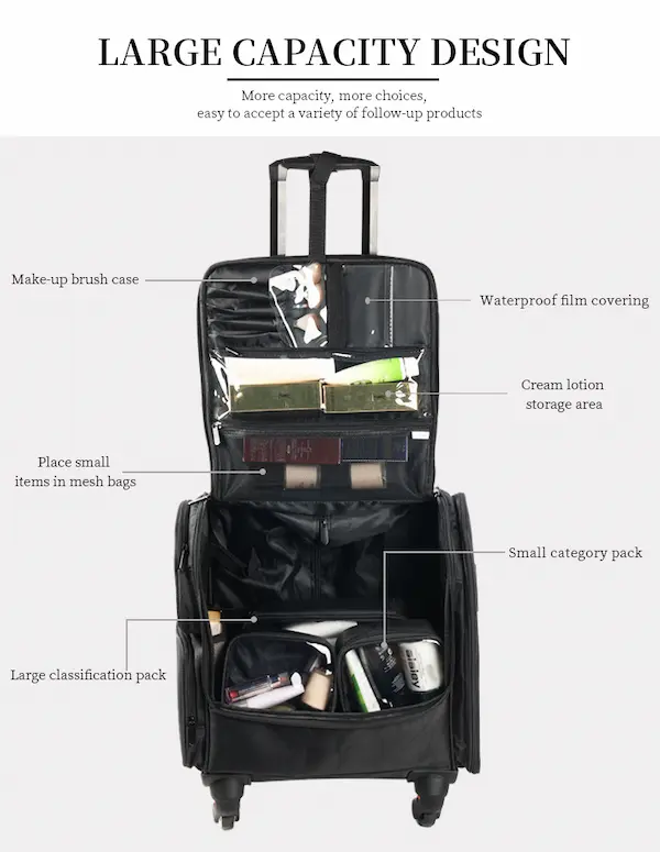 wholesale rolling nail art makeup case with detachable clear pouches